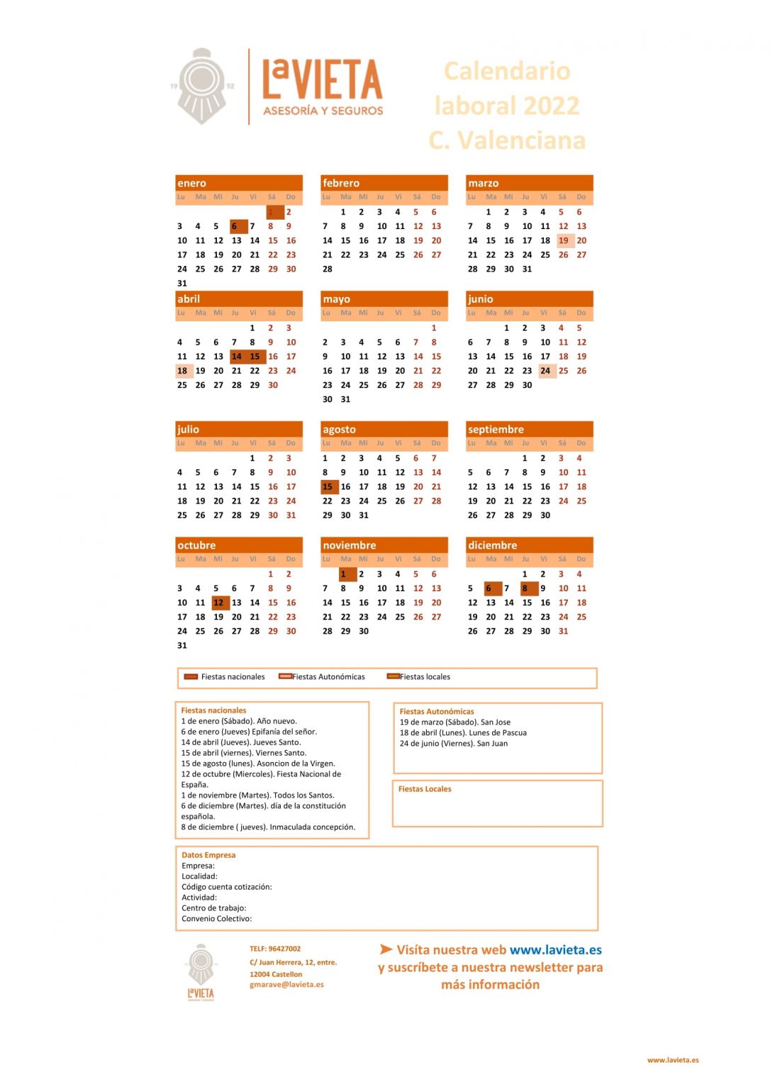 Calendario laboral COMUNIDAD VALENCIANA 2022 PDF para imprimir