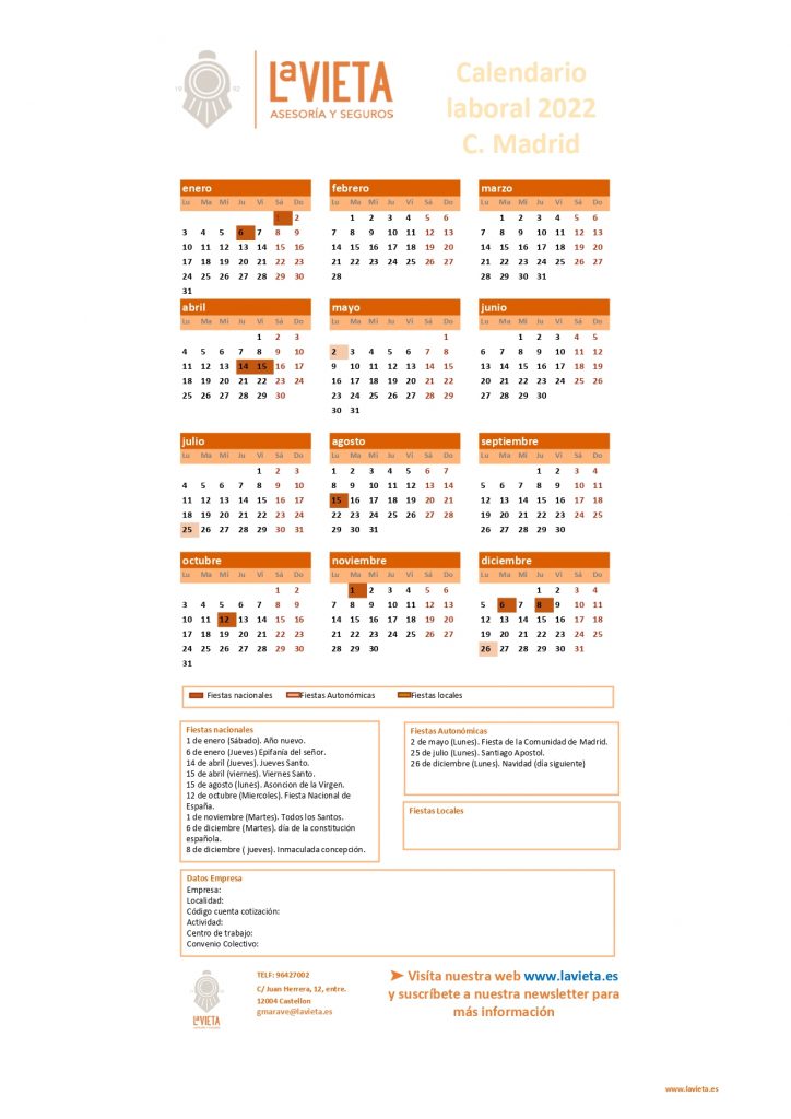 Calendario laboral Comunidad de Madrid 2022 PDF para imprimir descargable