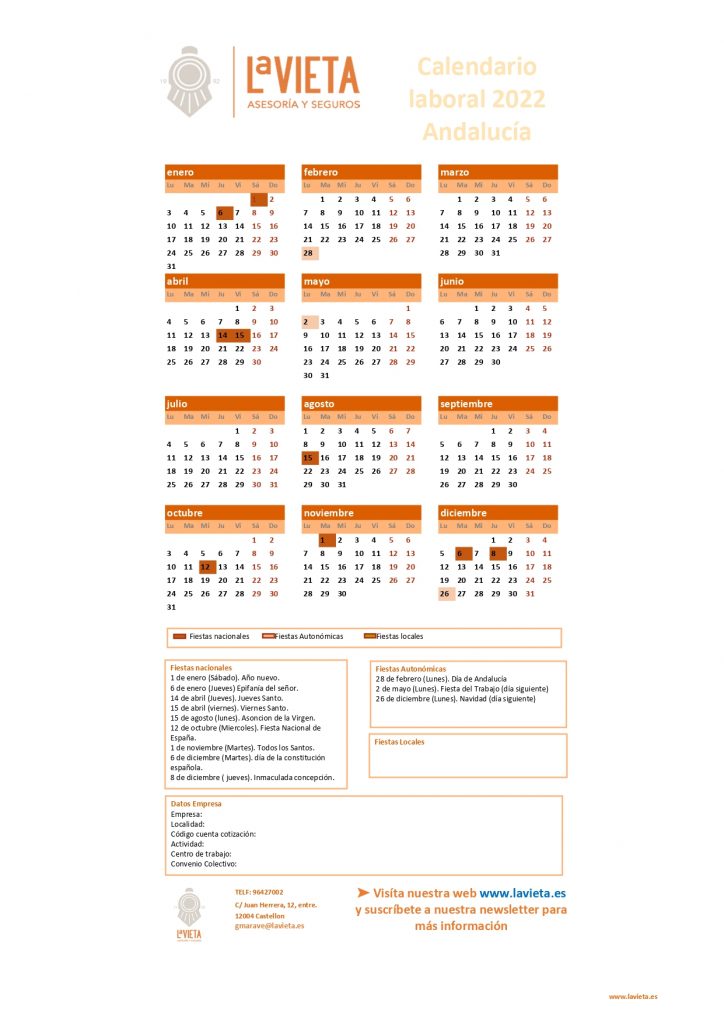 Calendario laboral de Andalucia 2022 PDF para imprimir descargable