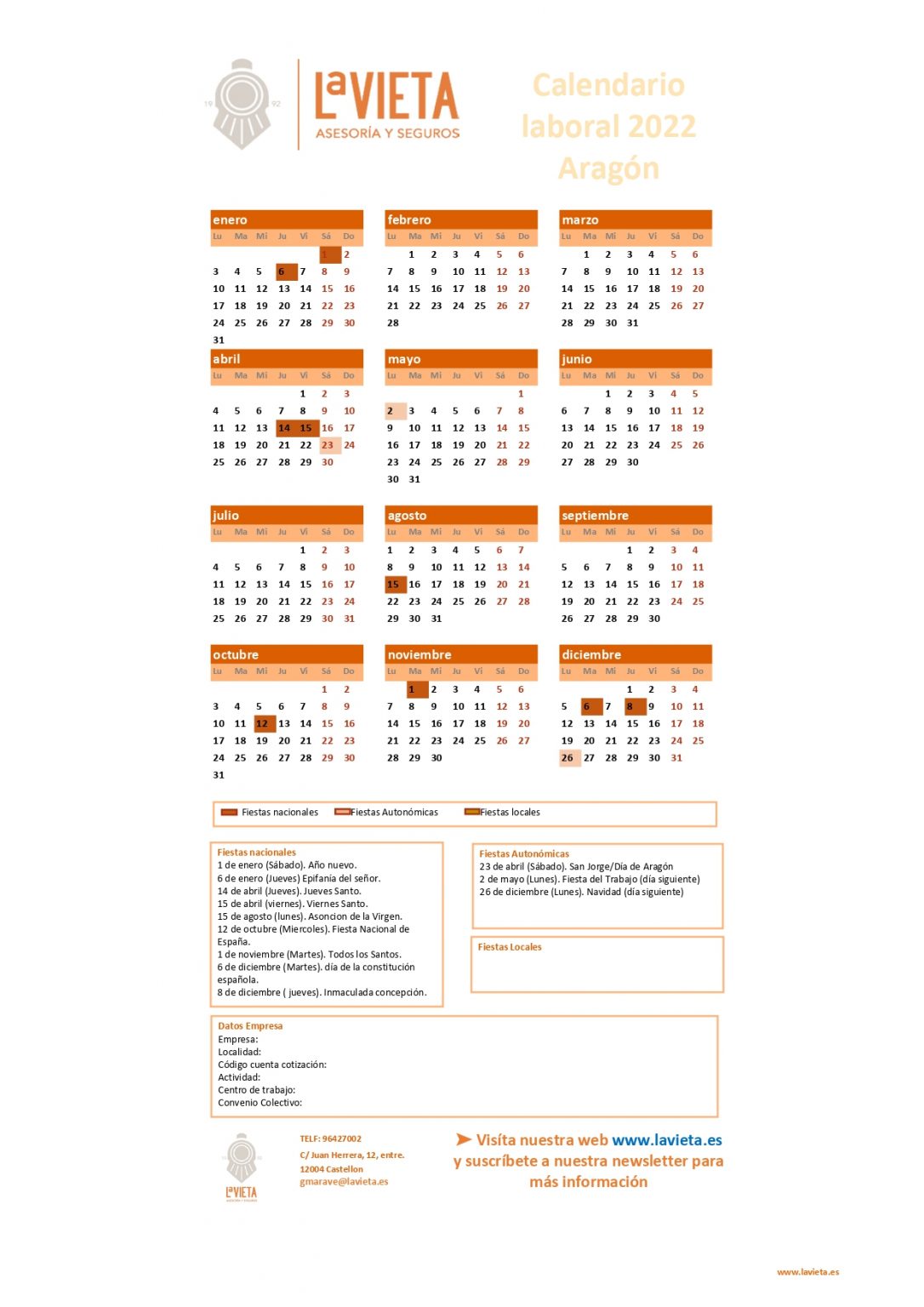 Calendario laboral de Aragón 2022 PDF para imprimir descargable