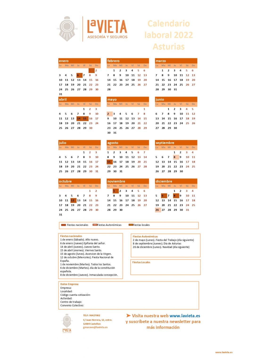 Calendario laboral de Asturias 2022 PDF para imprimir descargable