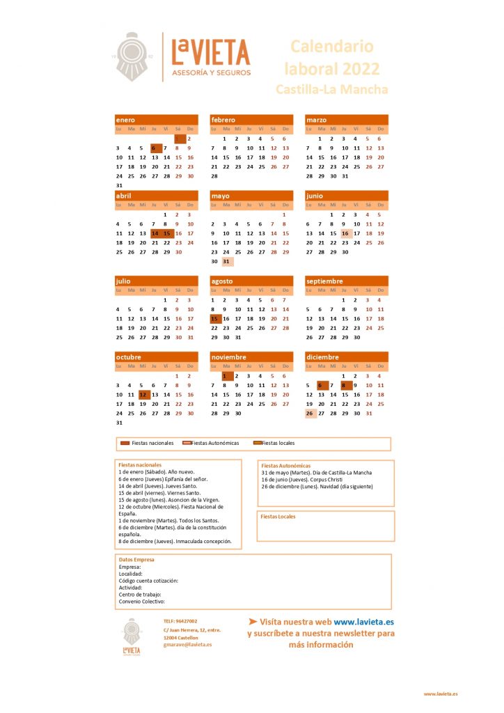 Calendario laboral de Castilla La Mancha 2022 PDF para imprimir descargable