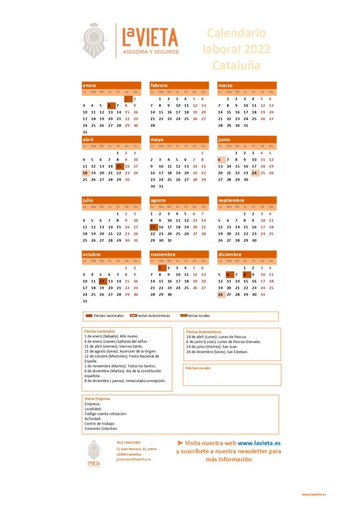 Calendario laboral de Cataluña 2022 PDF para imprimir descargable