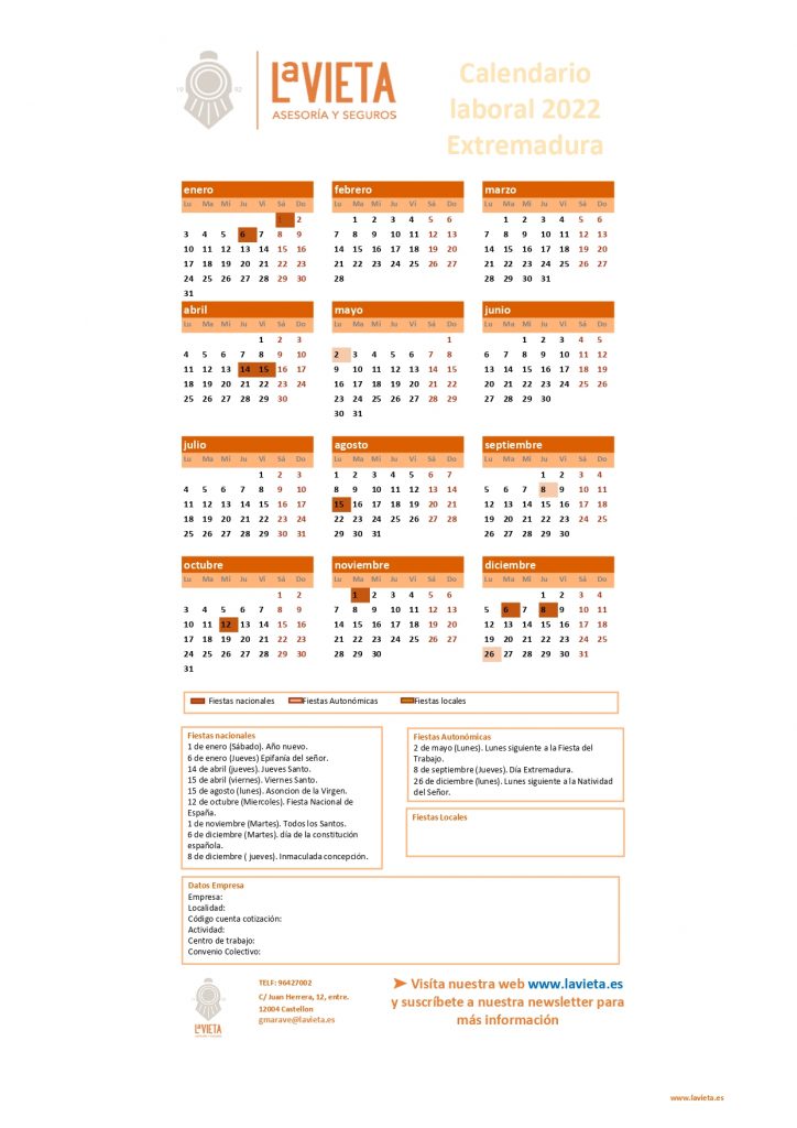 Calendario laboral de Extremadura 2022 PDF para imprimir descargable