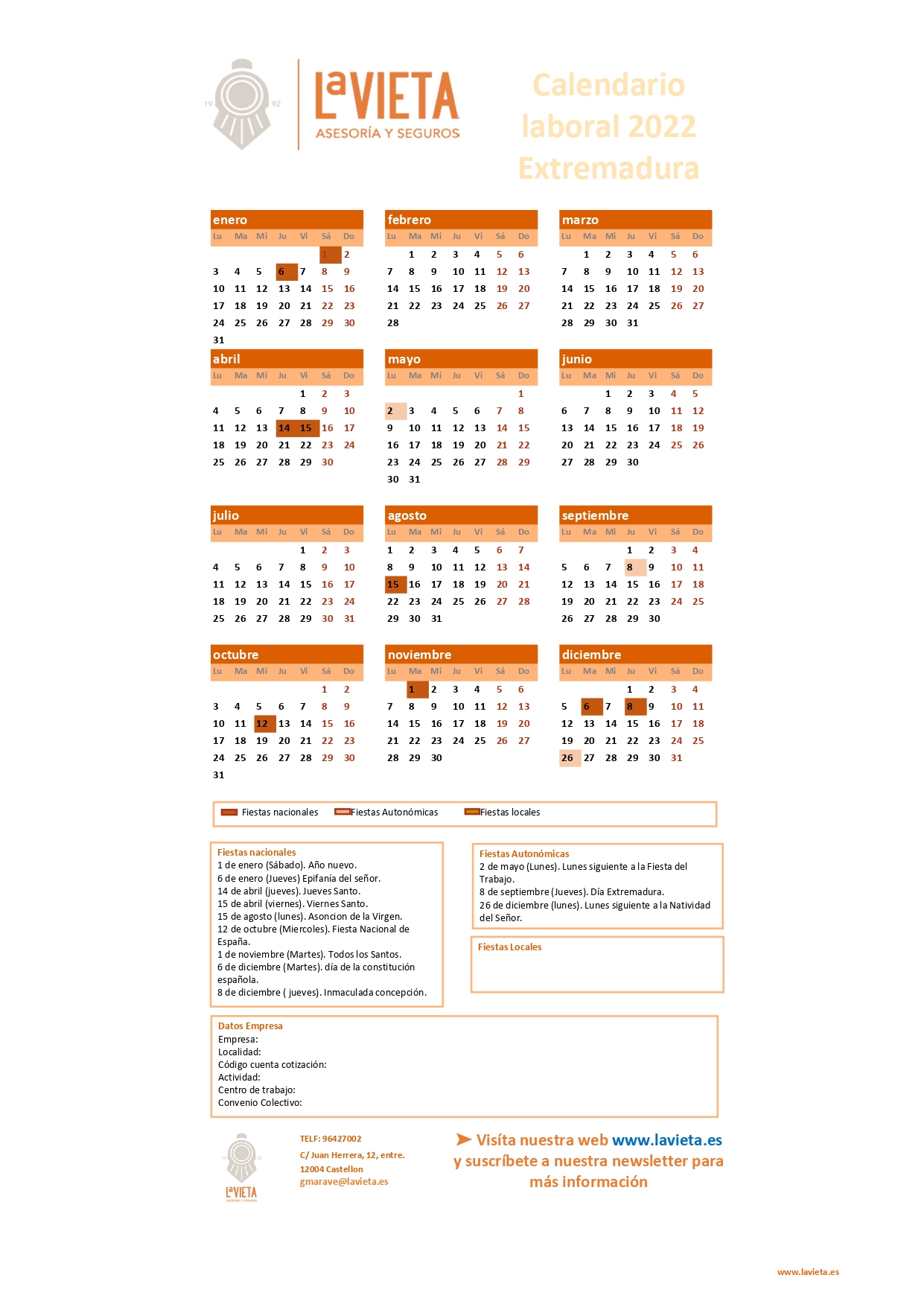 Calendario laboral de EXTREMADURA 2022 en PDF imprimir