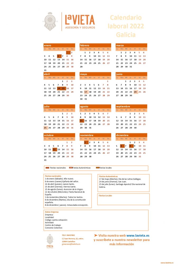 Calendario laboral de Galicia 2022 PDF para imprimir descargable