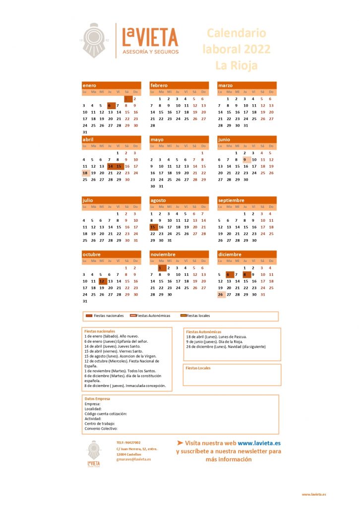 Calendario laboral de La Rioja 2022 PDF para imprimir descargable