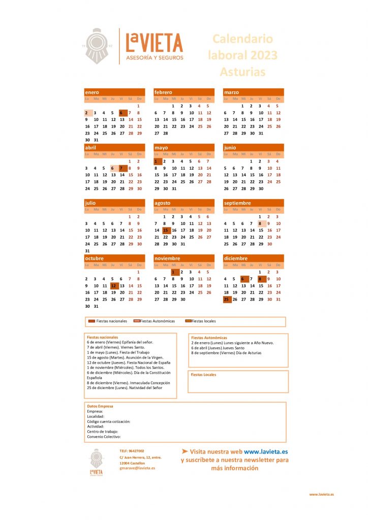 Calendario laboral asturias 2023 pdf para imprimir festivos asturias 2023 calendario del trabajador asturias 2023