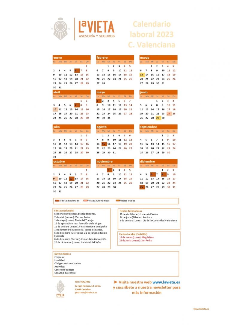 Calendario laboral castellon 2023 pdf para imprimir festivos castellon 2023 calendario del trabajador castellon 2023 lavieta asesoria castellon gestoria castellon laboral