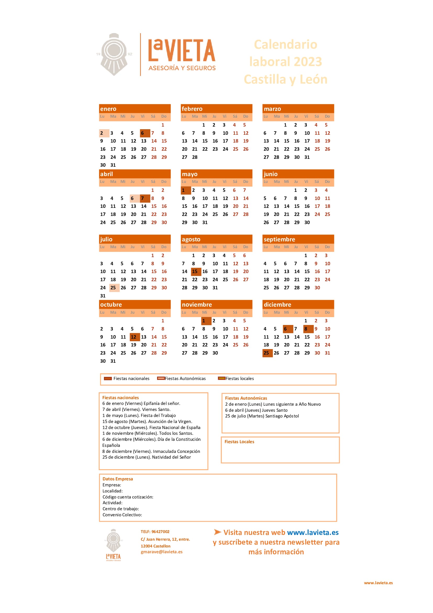 Calendario laboral de Castilla y León 2023 en PDF para imprimir