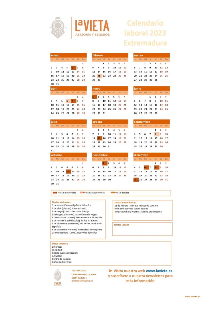 Calendario laboral extremadura 2023 pdf para imprimir festivos extremadura 2023 calendario del trabajador extremadura 2023