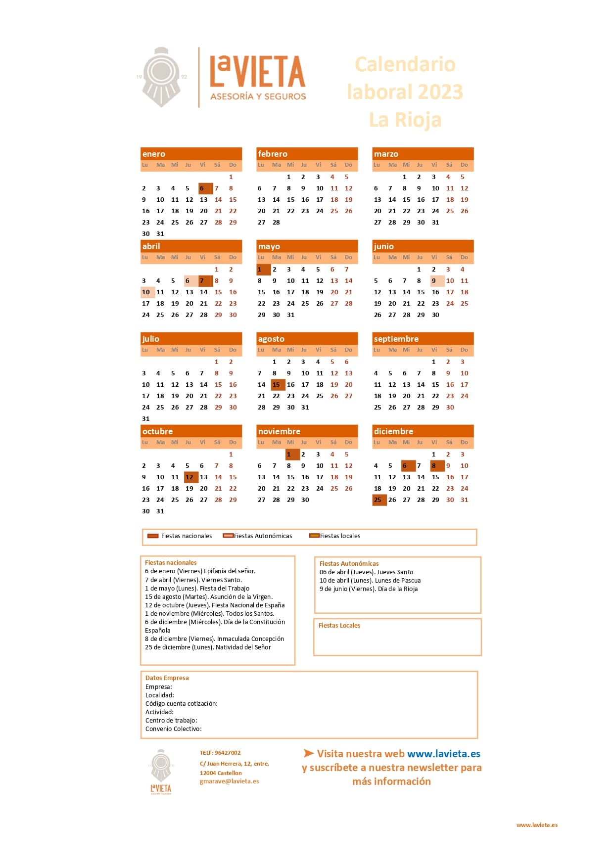 Calendario La Rioja 2023 Calendario laboral de La Rioja 2023 en PDF para imprimir