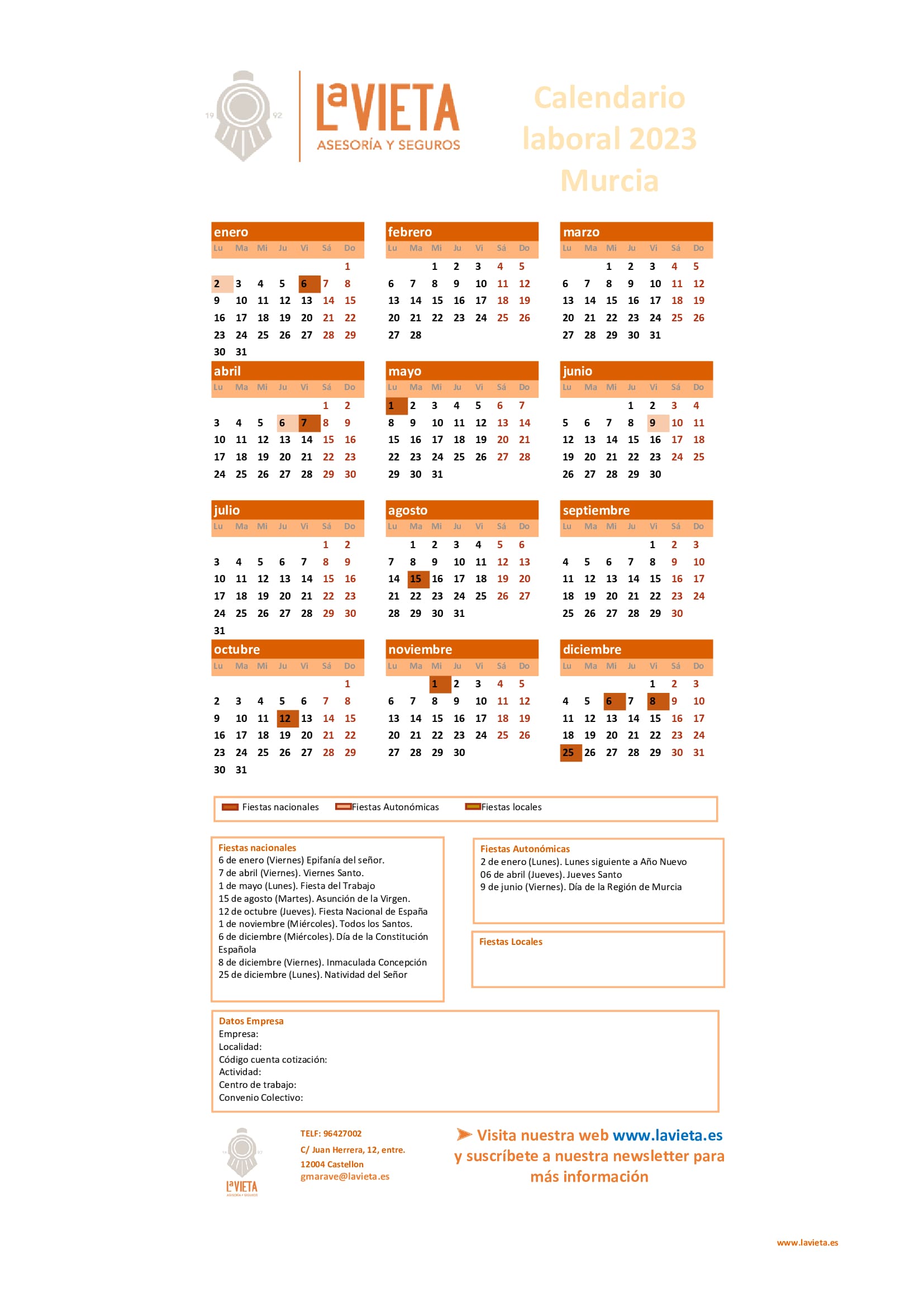 Festivos De Murcia 2023 Calendario laboral de Murcia 2023 en PDF para imprimir