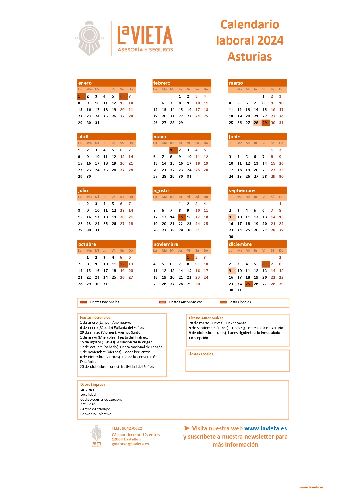 Calendario laboral de Asturias 2024 en PDF para imprimir