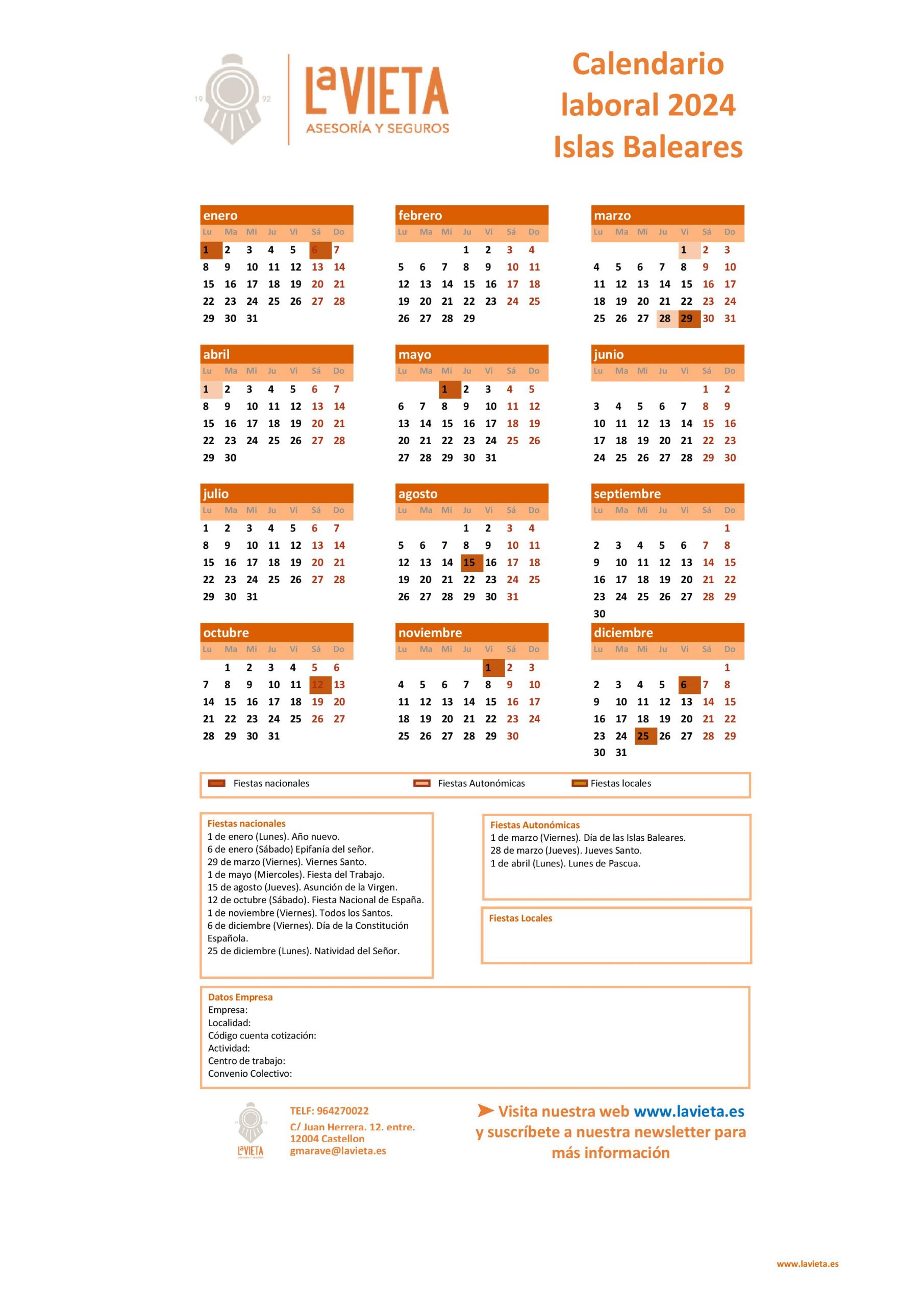 Calendario laboral islas baleares 2024 pdf para imprimir festivos islas baleares 2024 calendario del trabajador islas baleares 2024 lavieta asesoria gestoria laboral