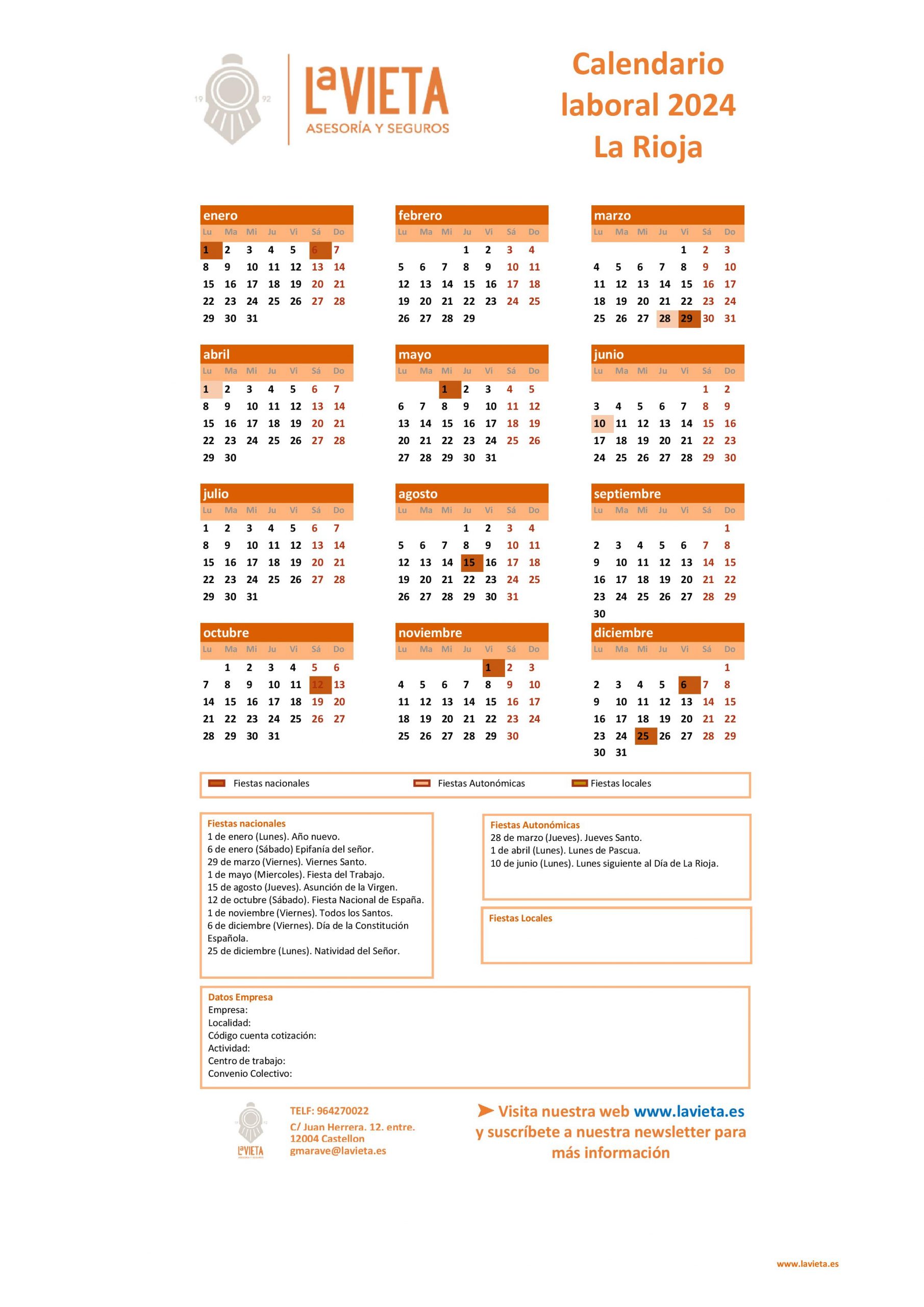 Calendario laboral la rioja 2024 pdf para imprimir festivos la rioja 2024 calendario del trabajador la rioja 2024 lavieta asesoria gestoria laboral